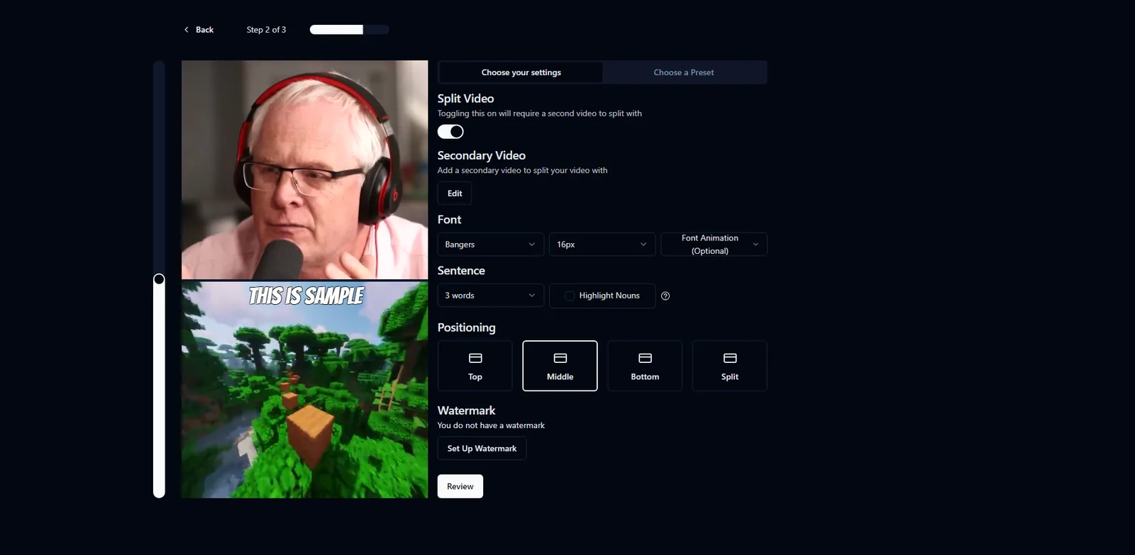 Clippa AI editor showing a split-screen video preview, caption settings and video controls