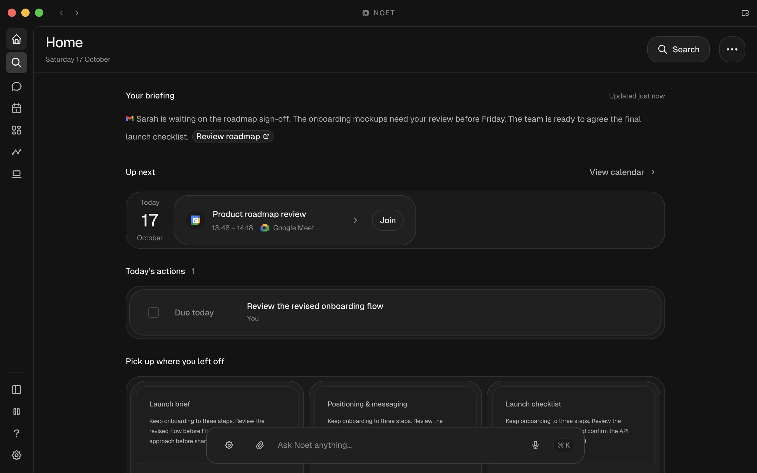 Noet desktop app showing a daily briefing and next actions